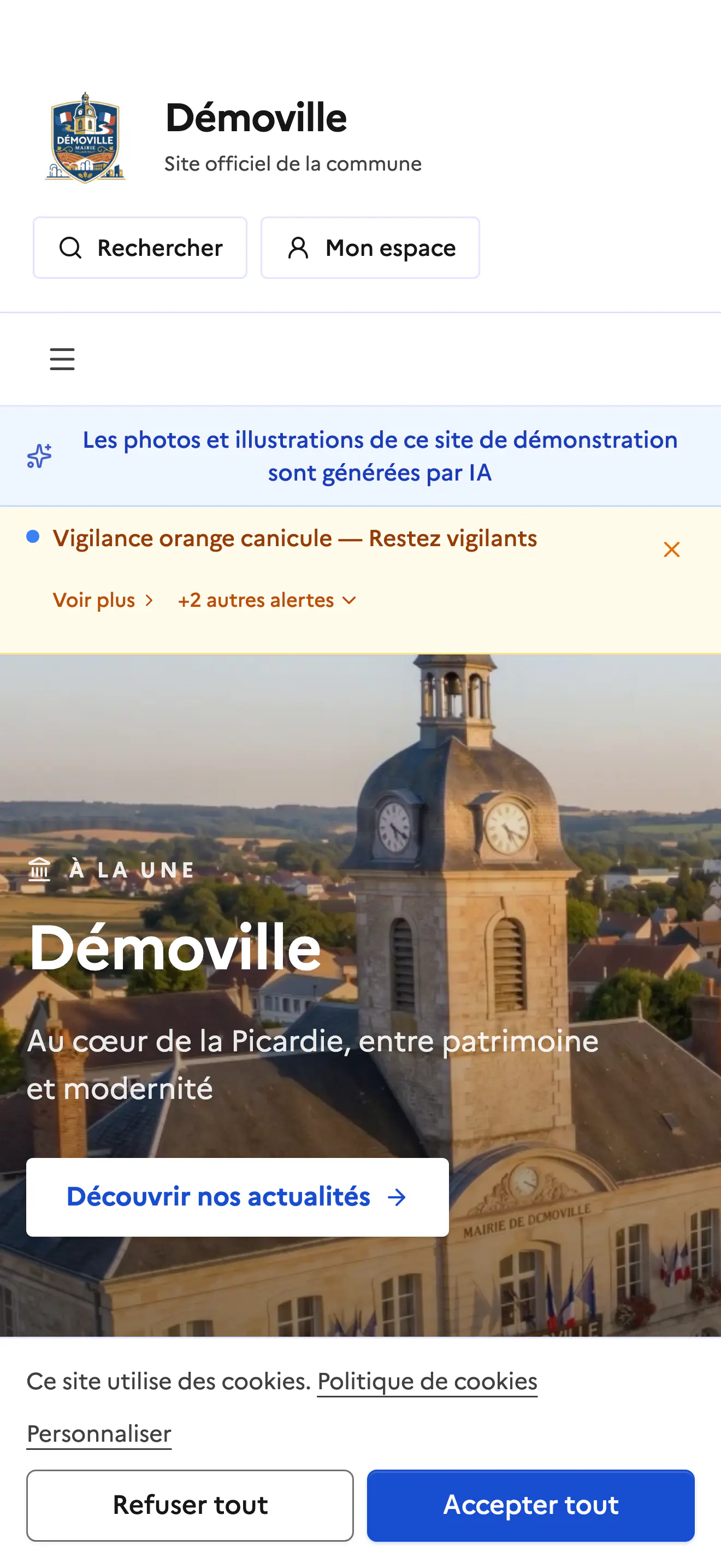 Aperçu mobile de la page d’accueil d’une commune