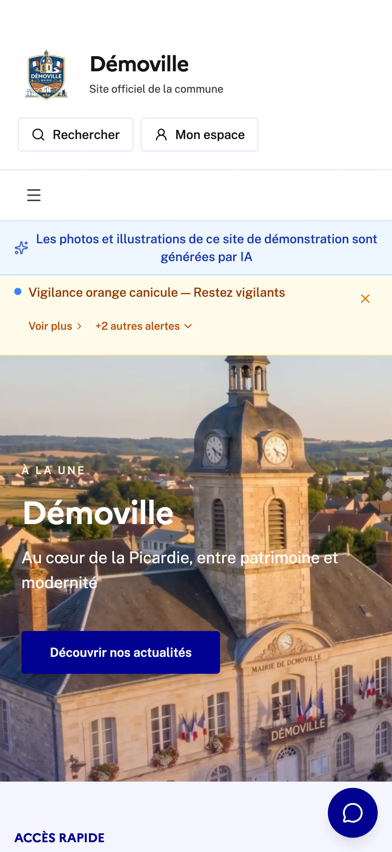 Aperçu mobile de la page d’accueil d’une commune