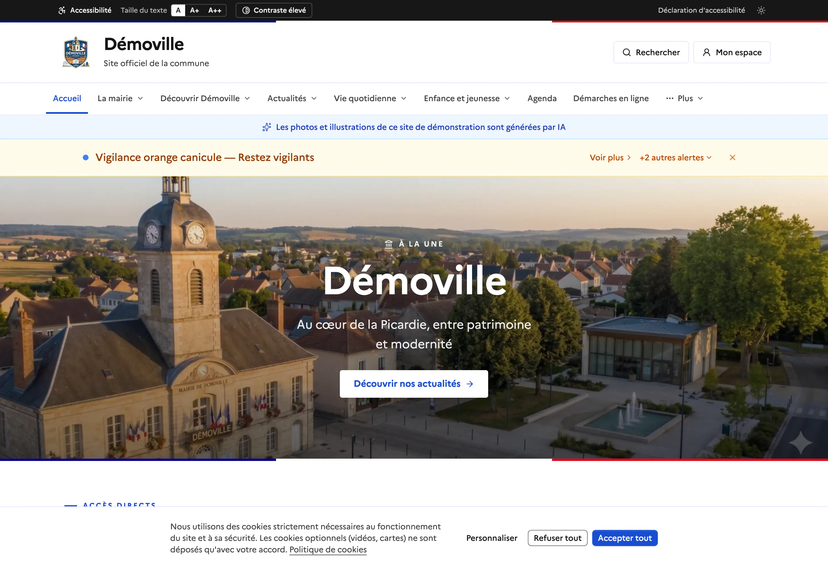 Aperçu de la page d’accueil d’une commune réalisée avec la plateforme