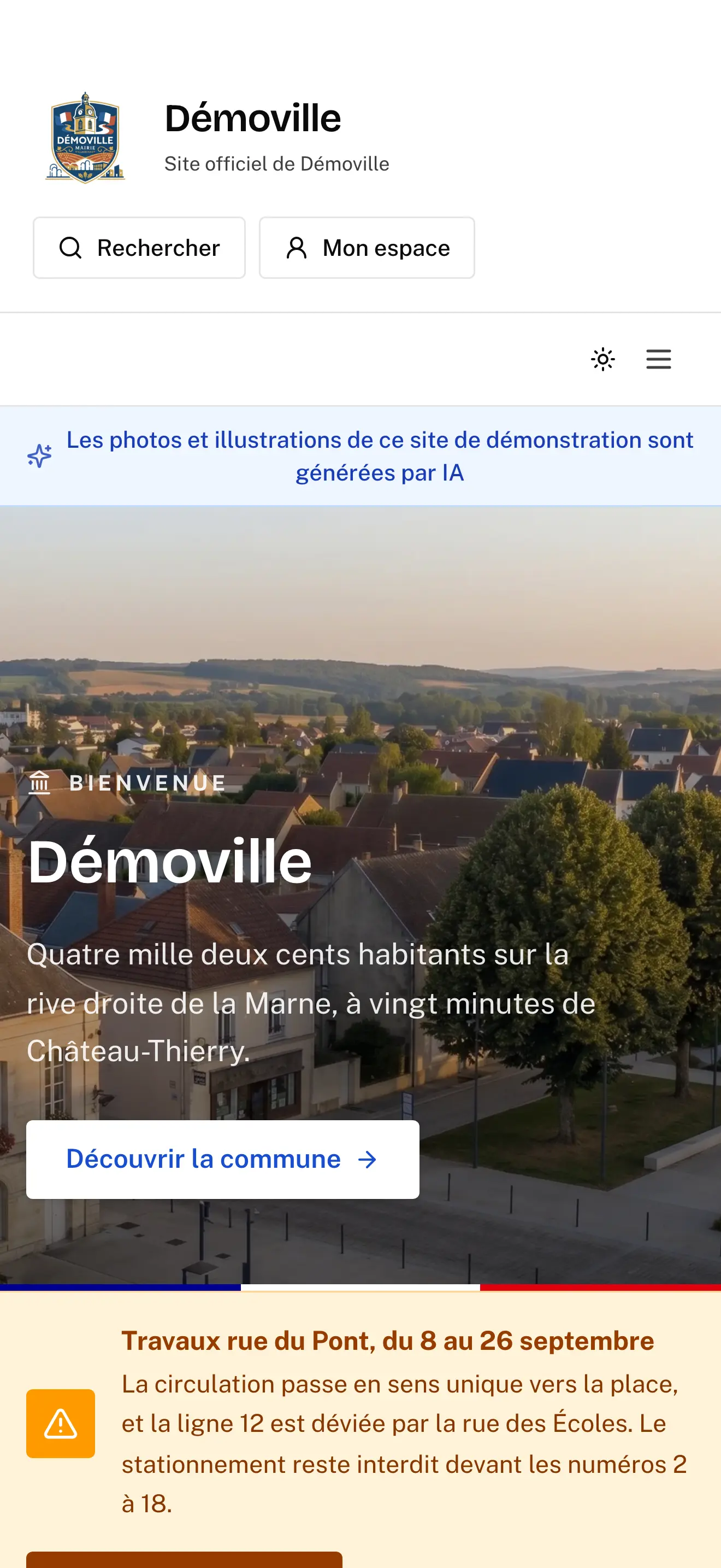 Aperçu mobile de la page d’accueil d’une commune