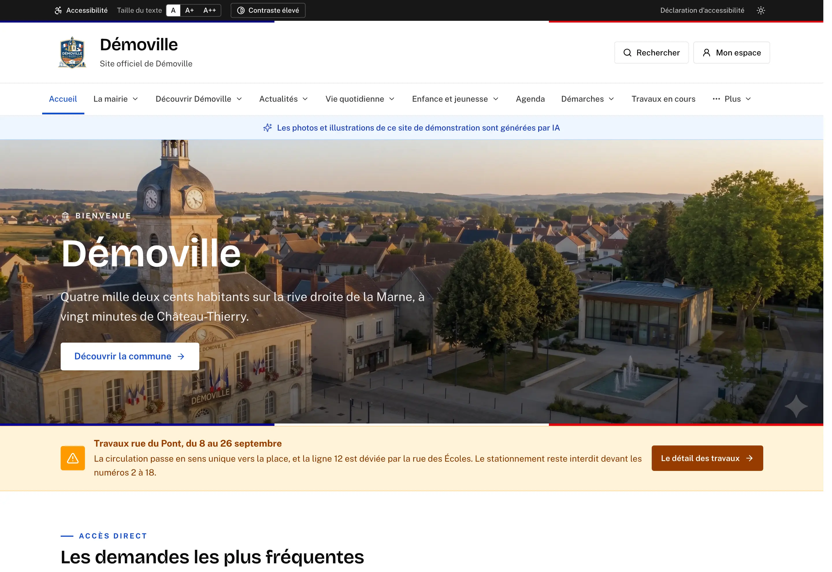 Aperçu de la page d’accueil d’une commune réalisée avec la plateforme